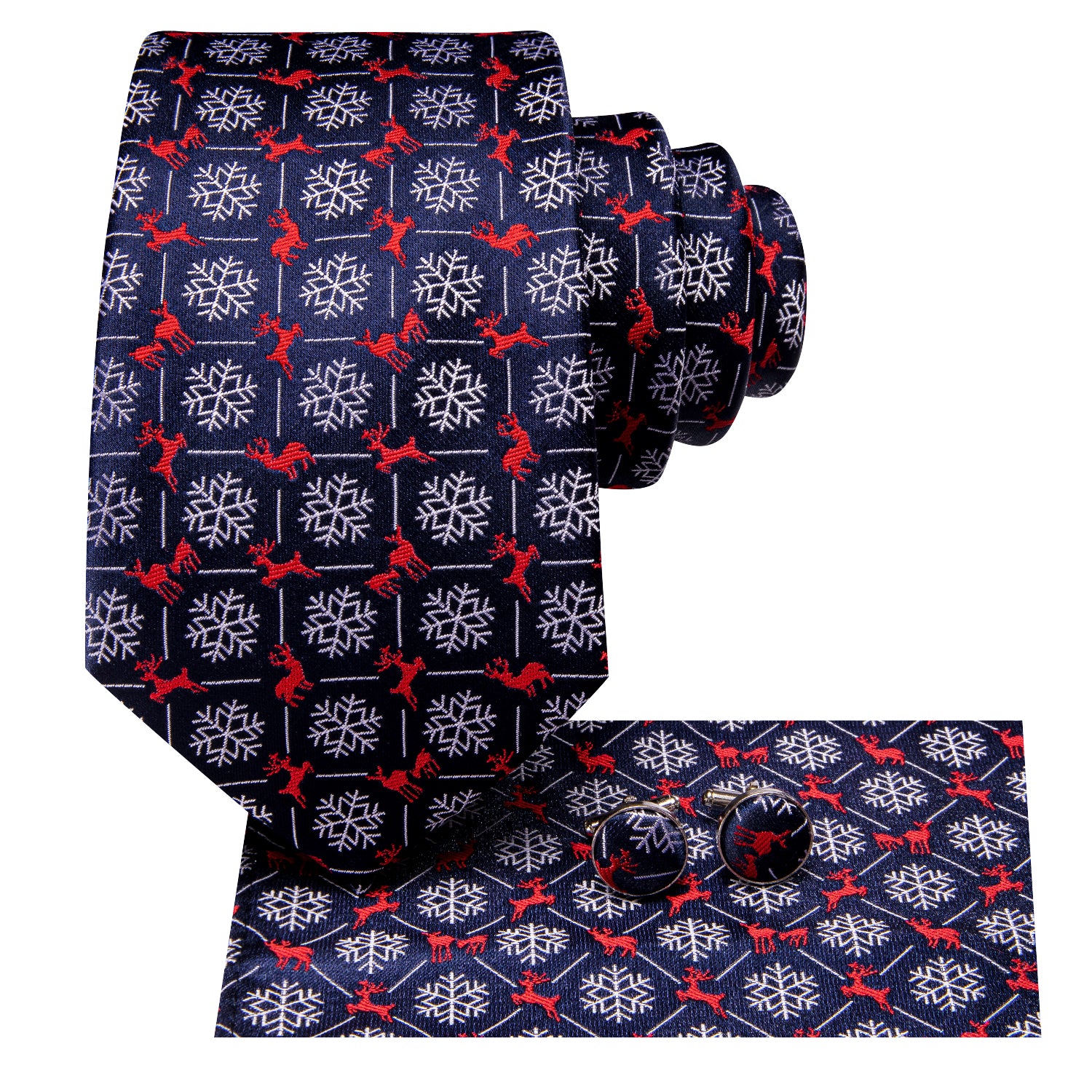 Christmas Blue White Snowflakes Men's Tie Pocket Square Cufflinks Set