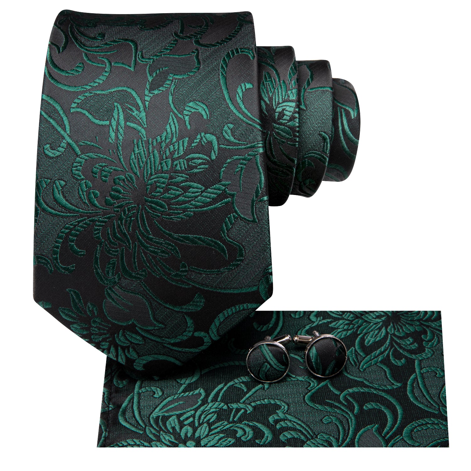 Hi-Tie Deep Green Paisley Men's Tie Pocket Square Cufflinks Set