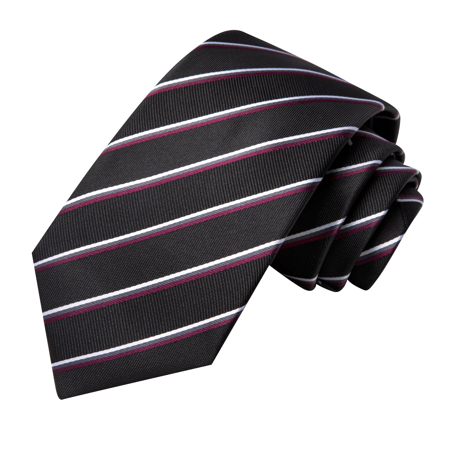 Hi-Tie Black Bugundy Striped Men's Tie Pocket Square Cufflinks Set