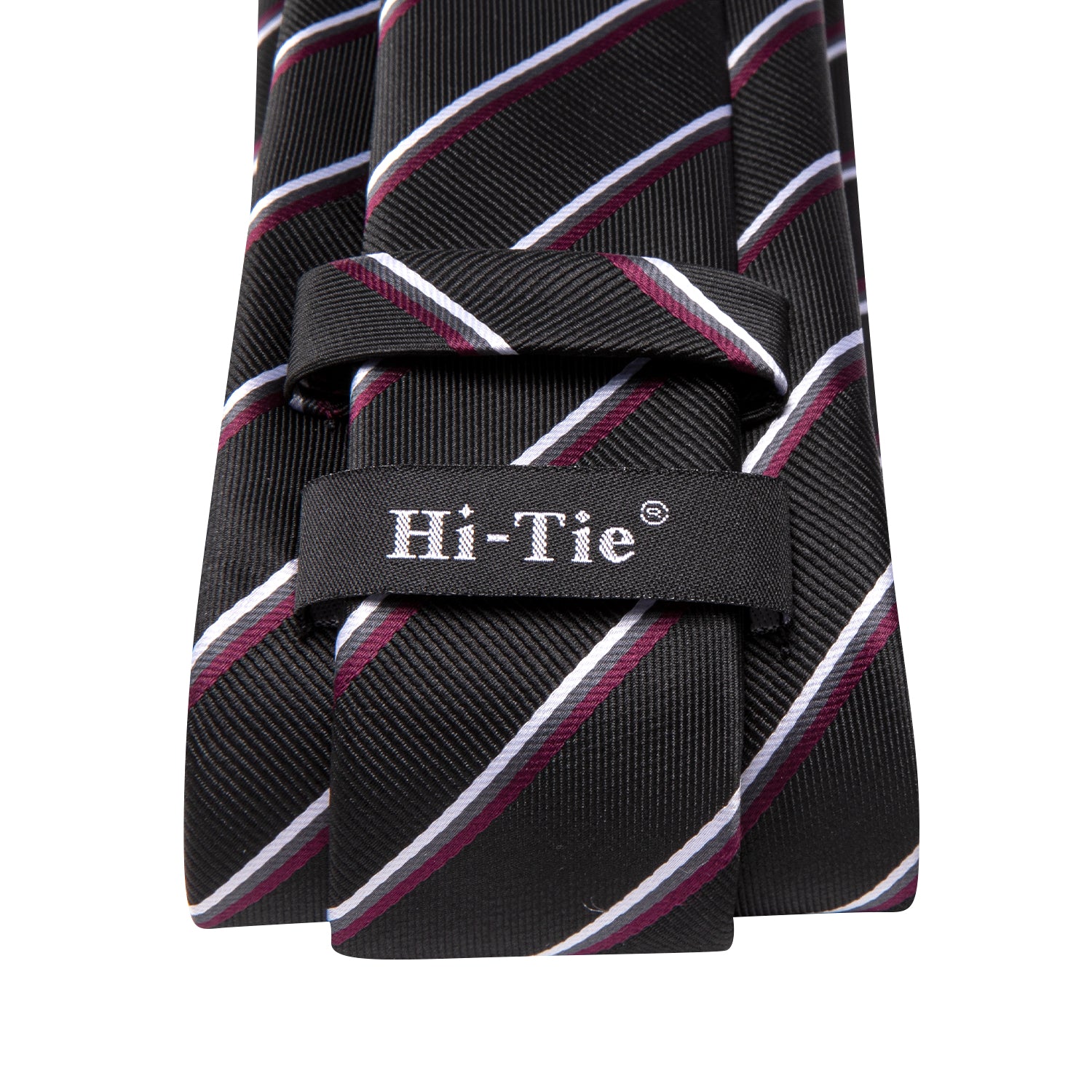 Hi-Tie Black Bugundy Striped Men's Tie Pocket Square Cufflinks Set