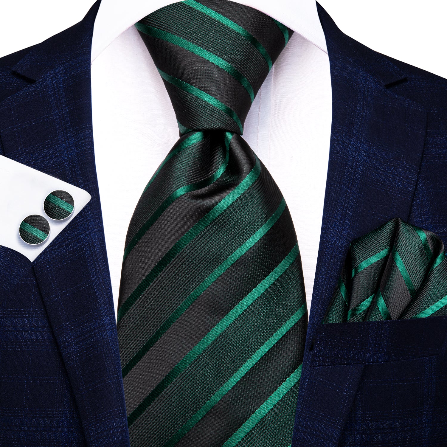 Hi-Tie Black Green Striped Men's Tie Pocket Square Cufflinks Set