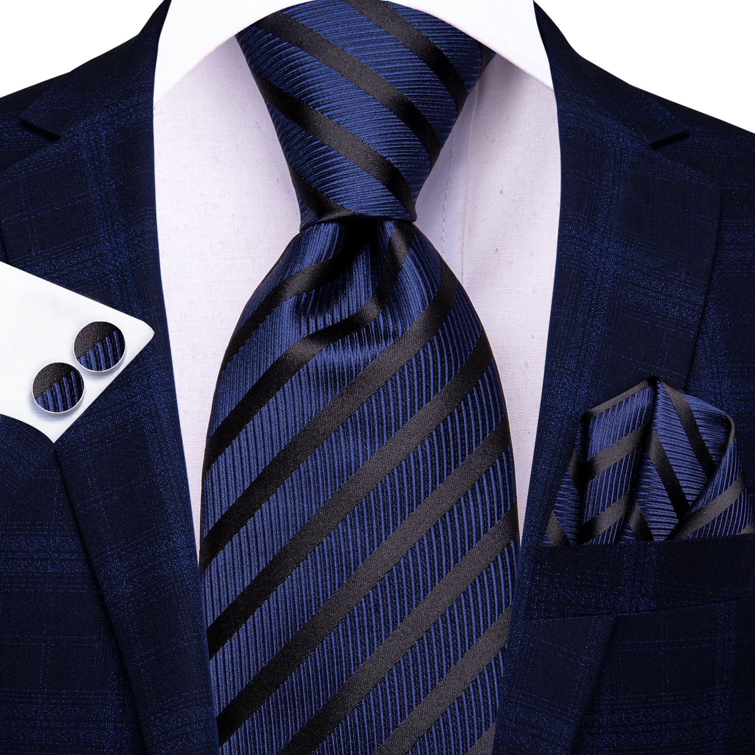 Hi-Tie Navy Blue Black Striped Men's Tie Pocket Square Cufflinks Set