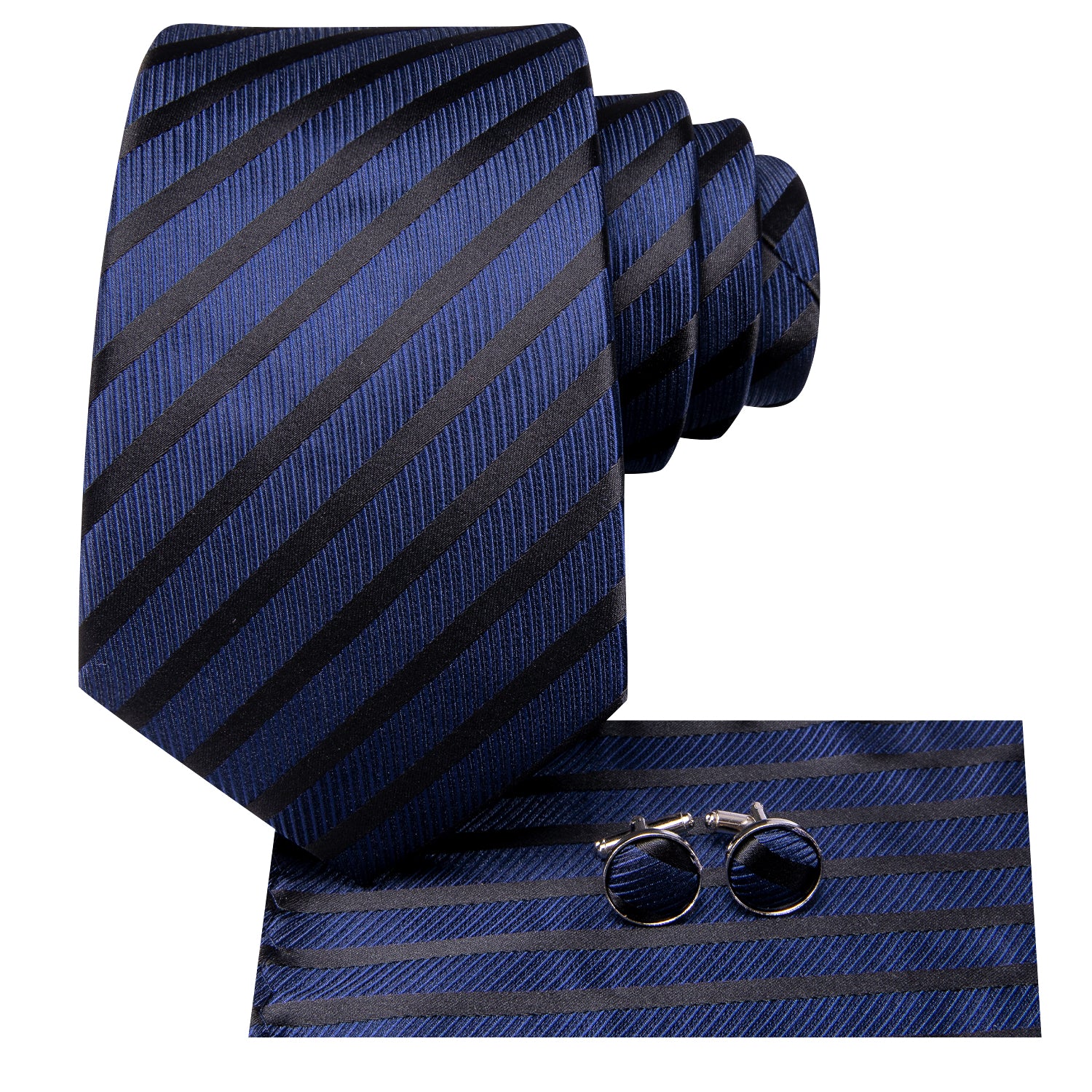 Hi-Tie Navy Blue Black Striped Men's Tie Pocket Square Cufflinks Set