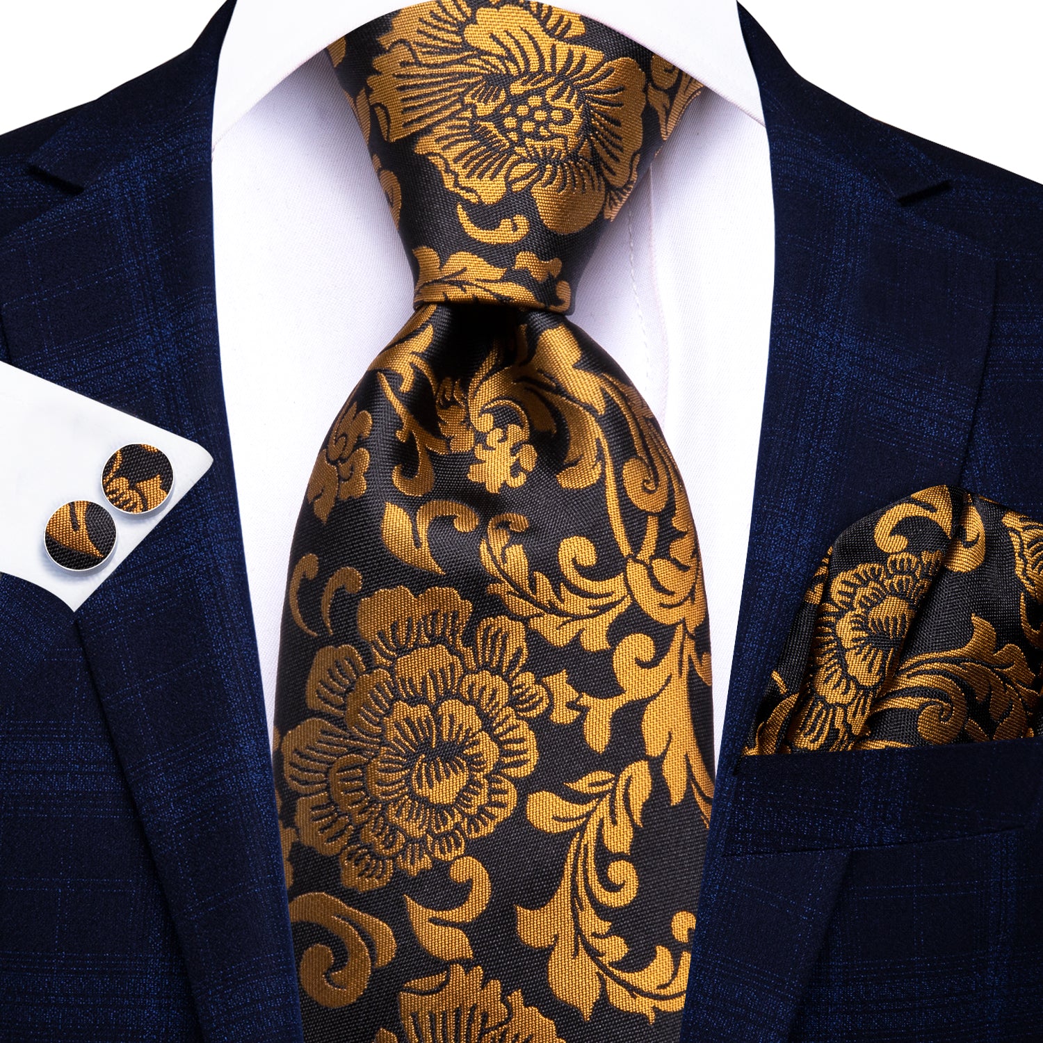 Hi-Tie Black Golden Floral Men's Tie Pocket Square Cufflinks Set