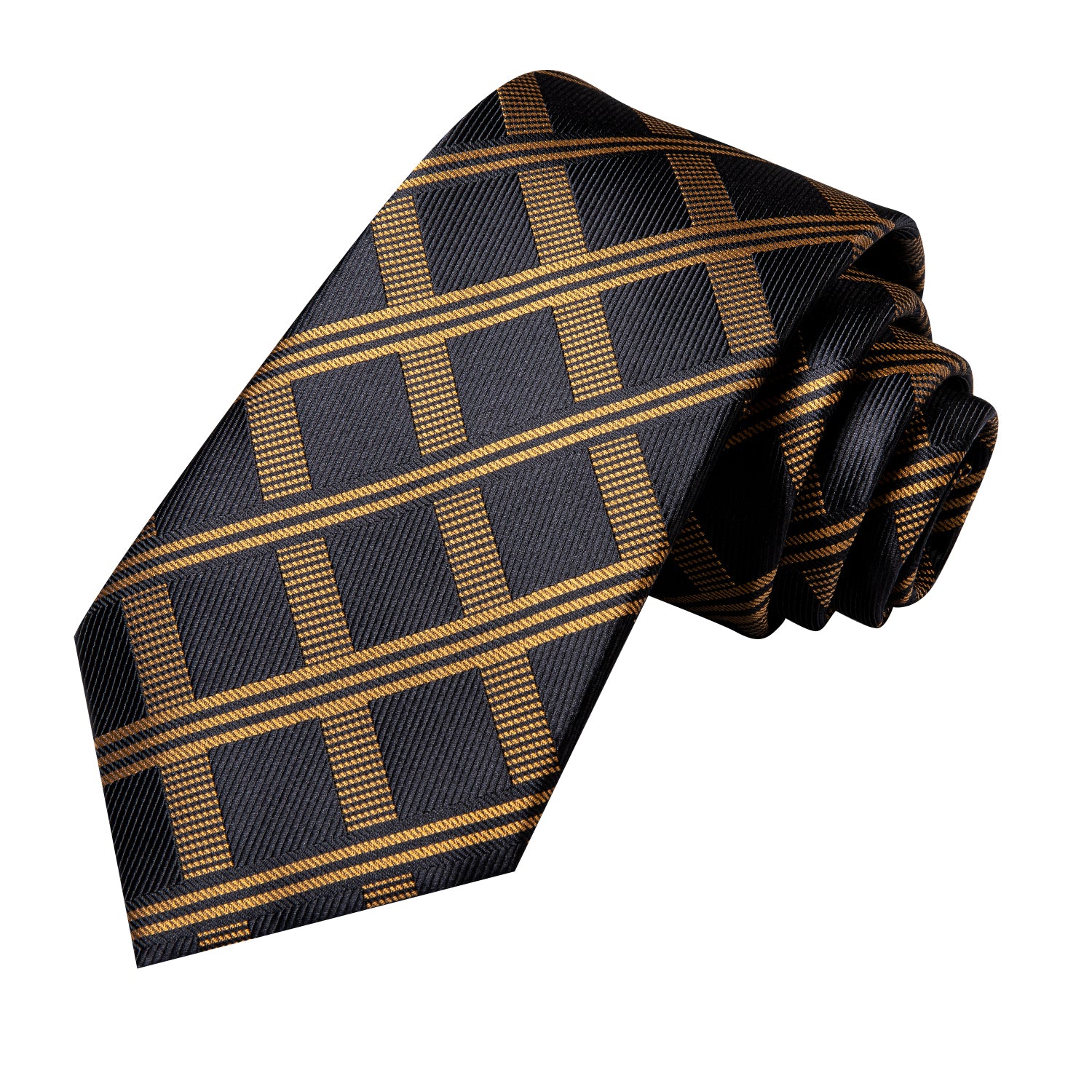 Hi-Tie Gold Black Plaid Men's Tie Pocket Square Cufflinks Set
