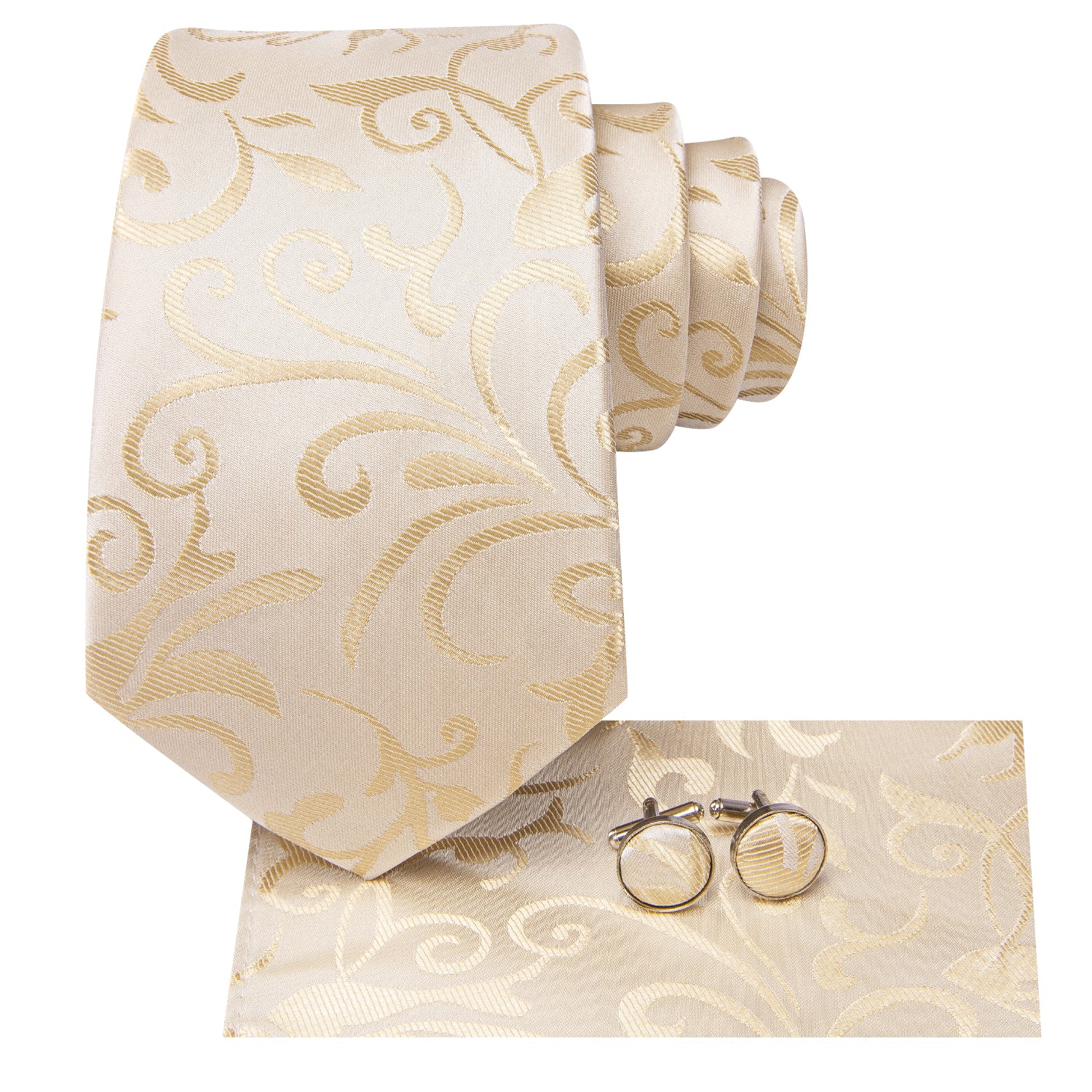 Hi-Tie Beige Floral Men's Tie Pocket Square Cufflinks Set