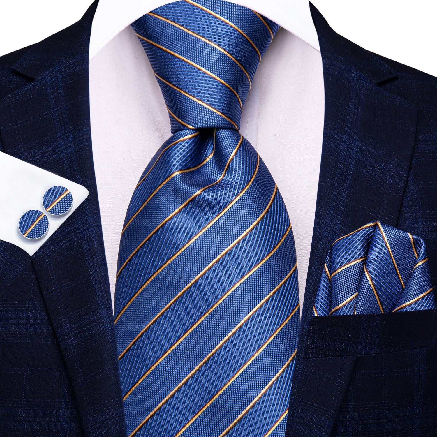 Hi-Tie Blue Yellow Striped Men's Tie Pocket Square Cufflinks Set