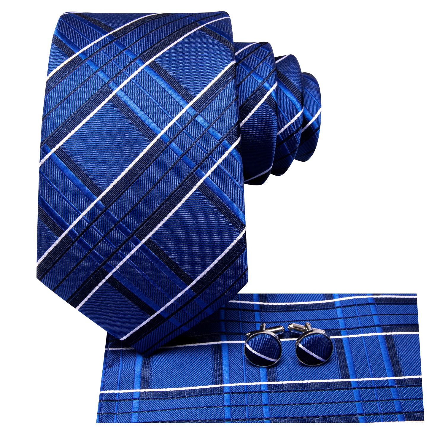 Hi-Tie Blue Black Plaid Men's Tie Pocket Square Cufflinks Set