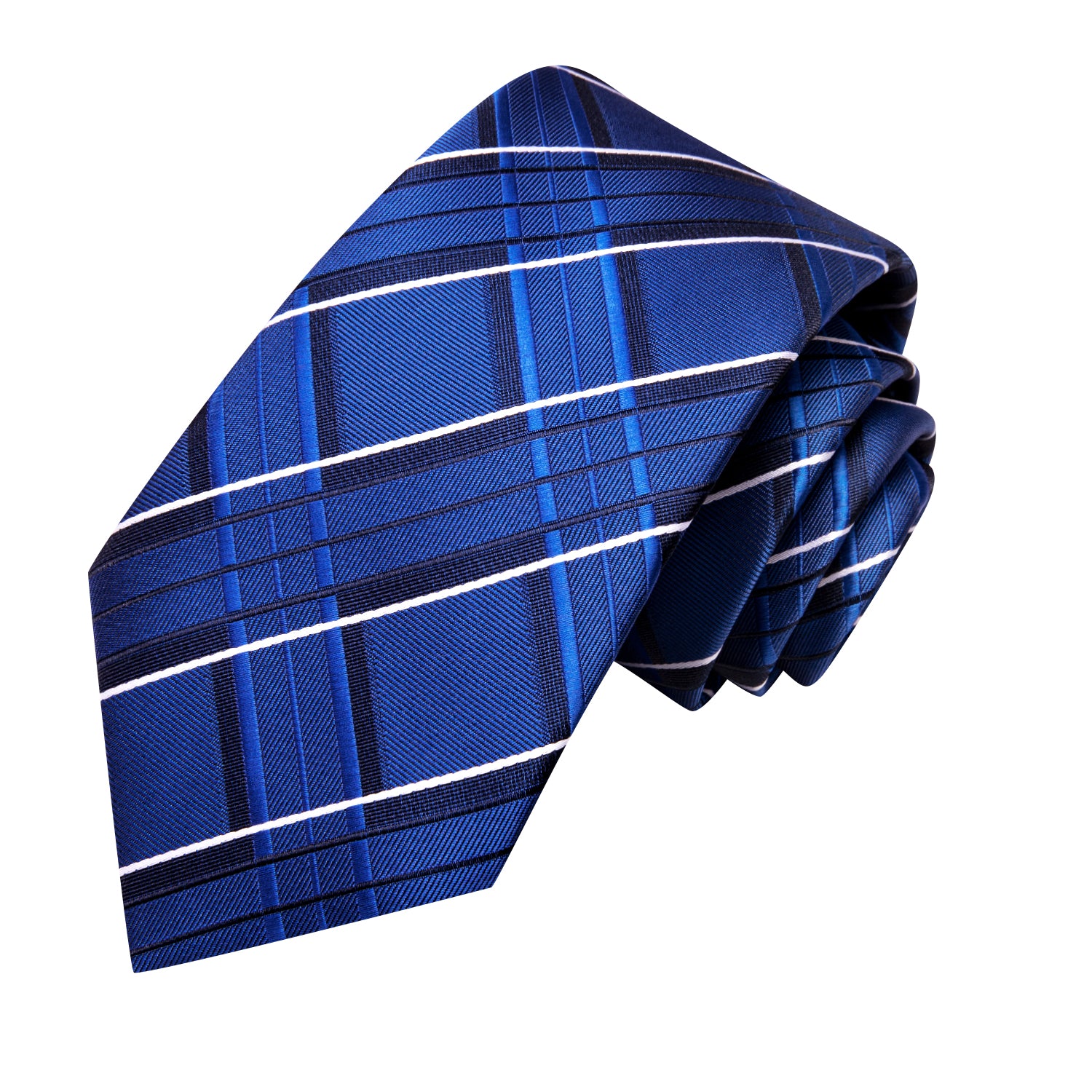 Hi-Tie Blue Black Plaid Men's Tie Pocket Square Cufflinks Set