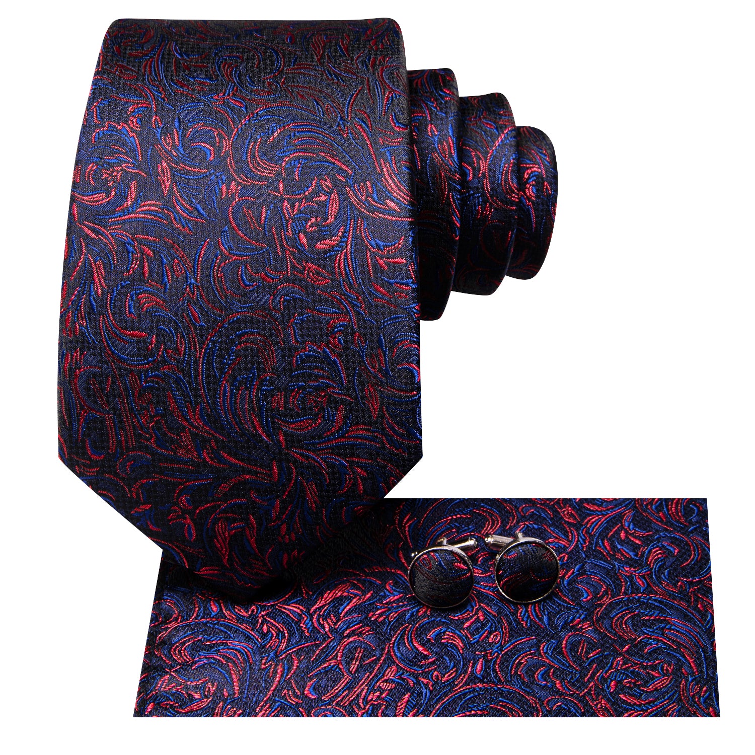 Hi-Tie Blue Red Floral Novelty Men's Tie Pocket Square Cufflinks Set