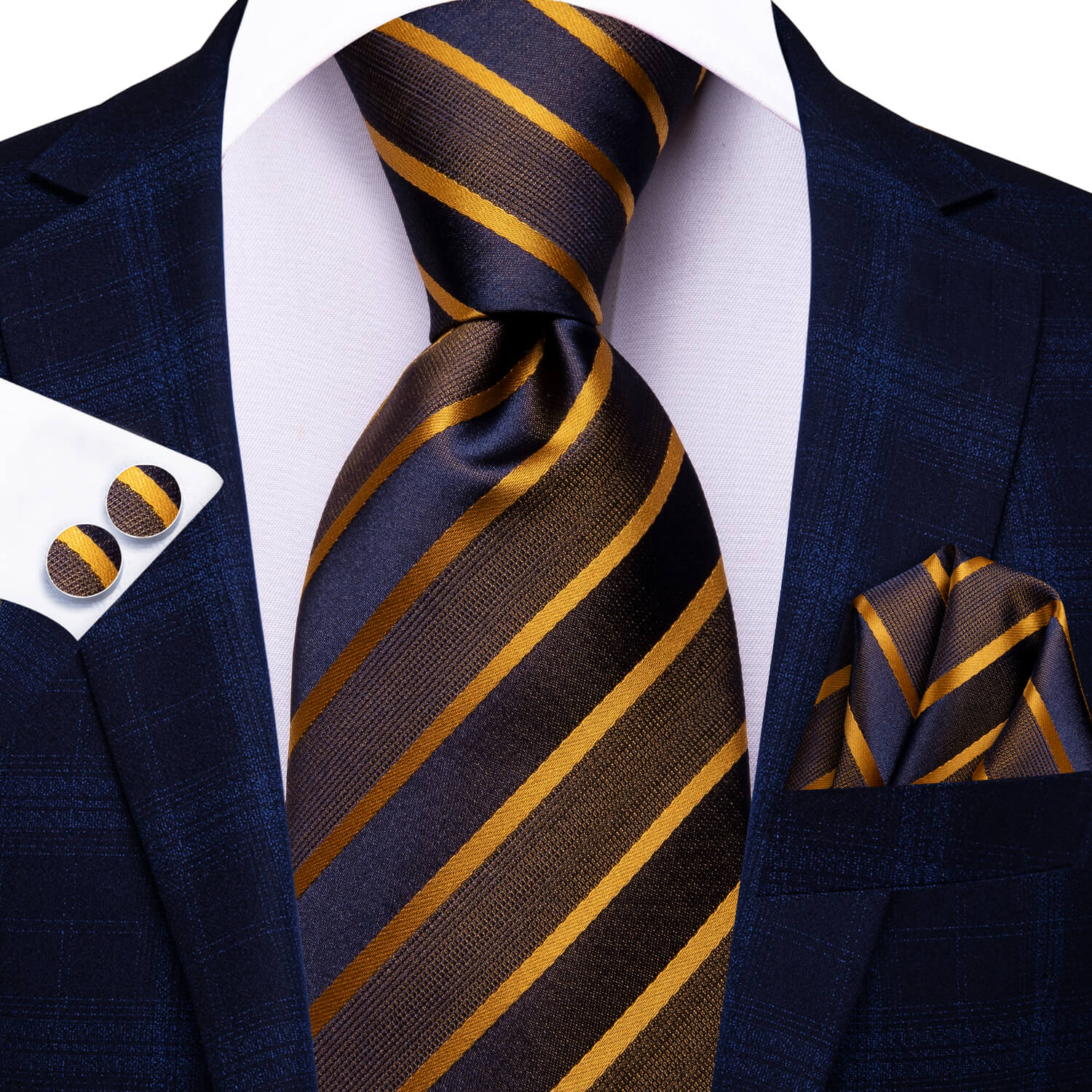  Golden Brown Blue Silk Striped Tie