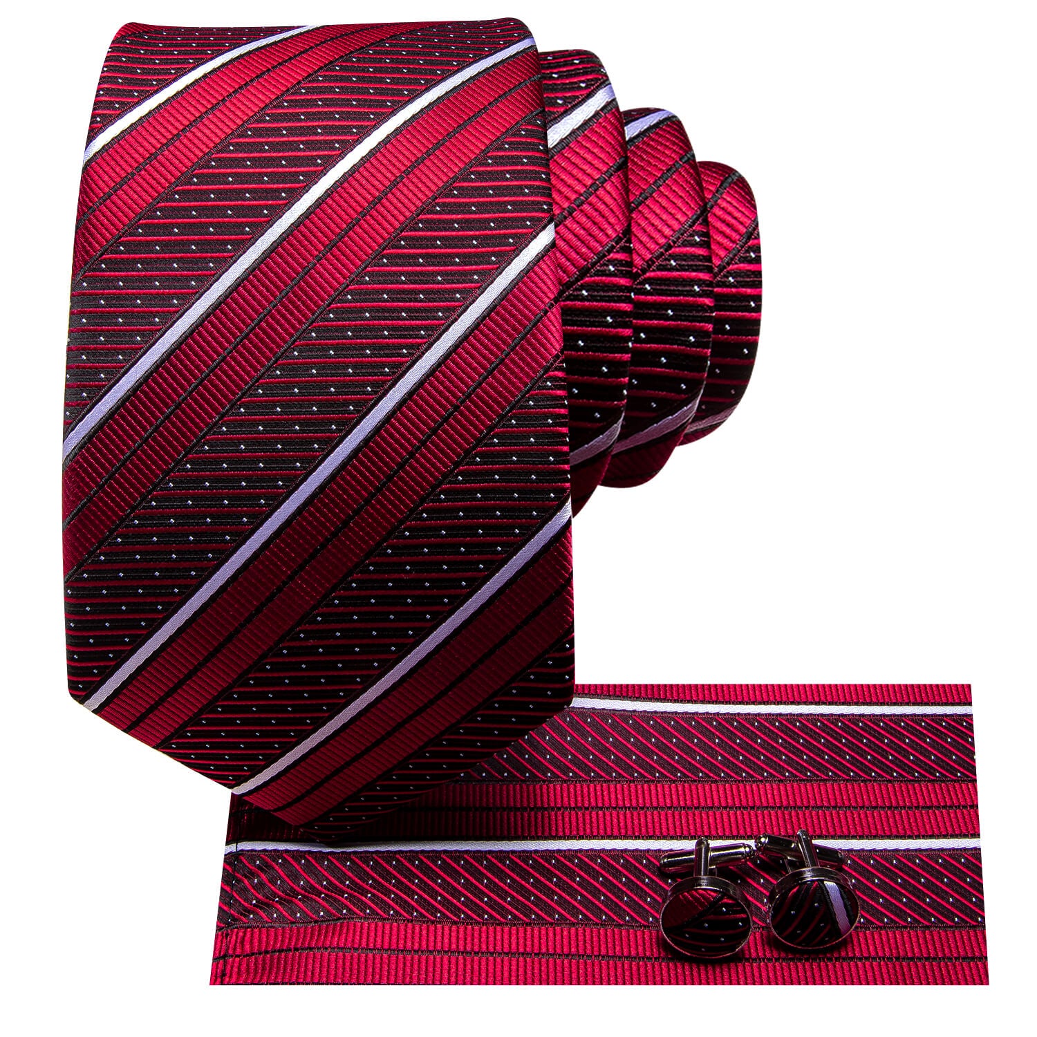 Red Tie with White Stripes Pocket Square Cufflinks Set