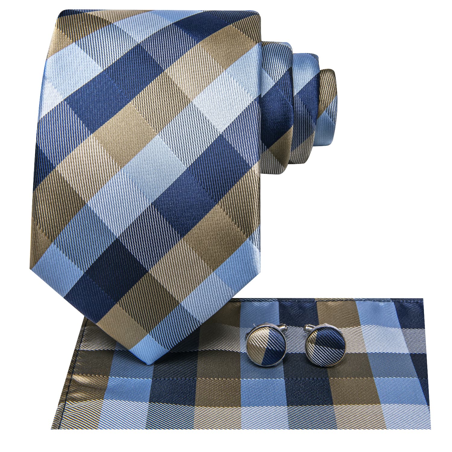 Hi-Tie Plaid Tie Navy Blue Sky Blue Silk Necktie for Men