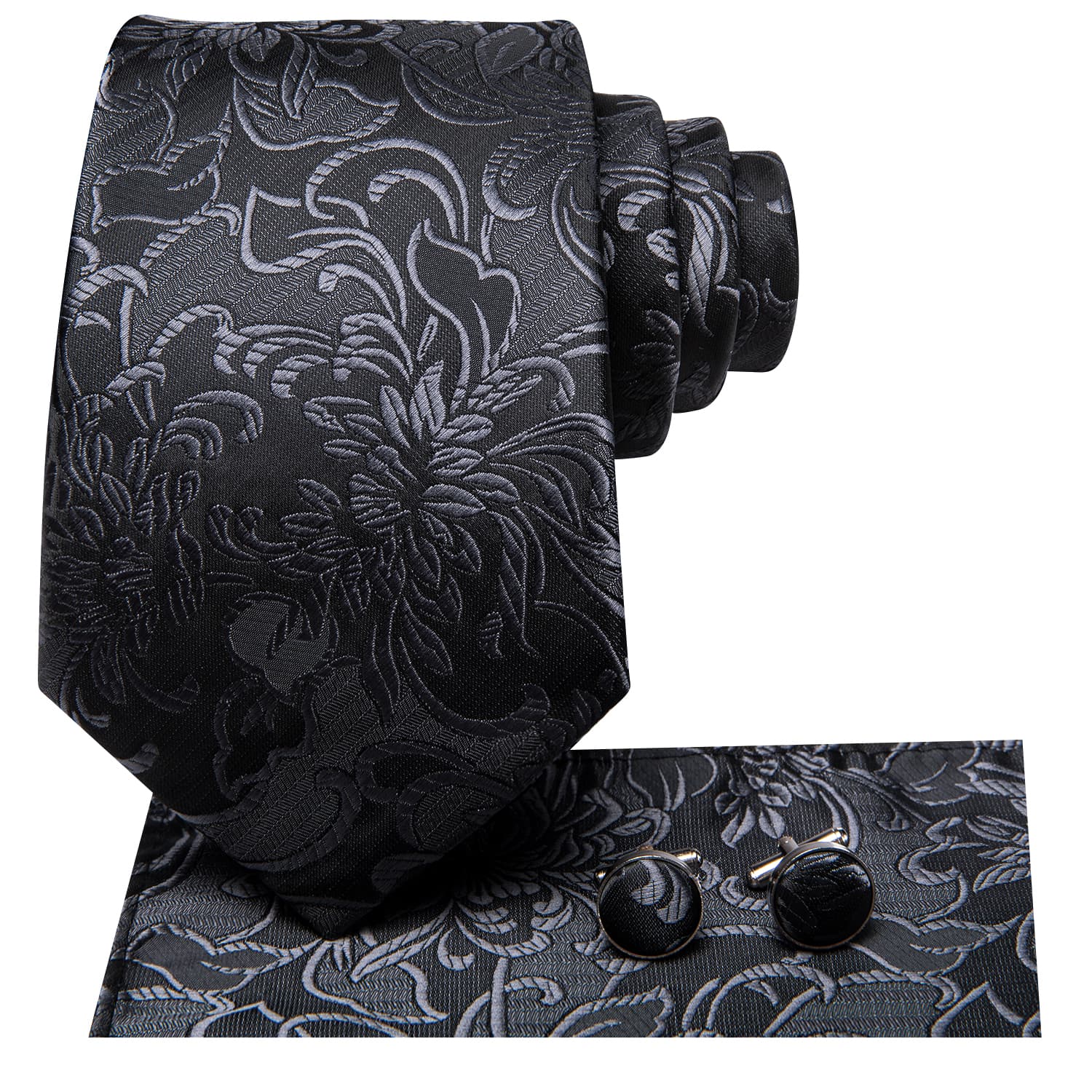 Hi-Tie Floral Black Tie Jacquard Silk Necktie Set for Men