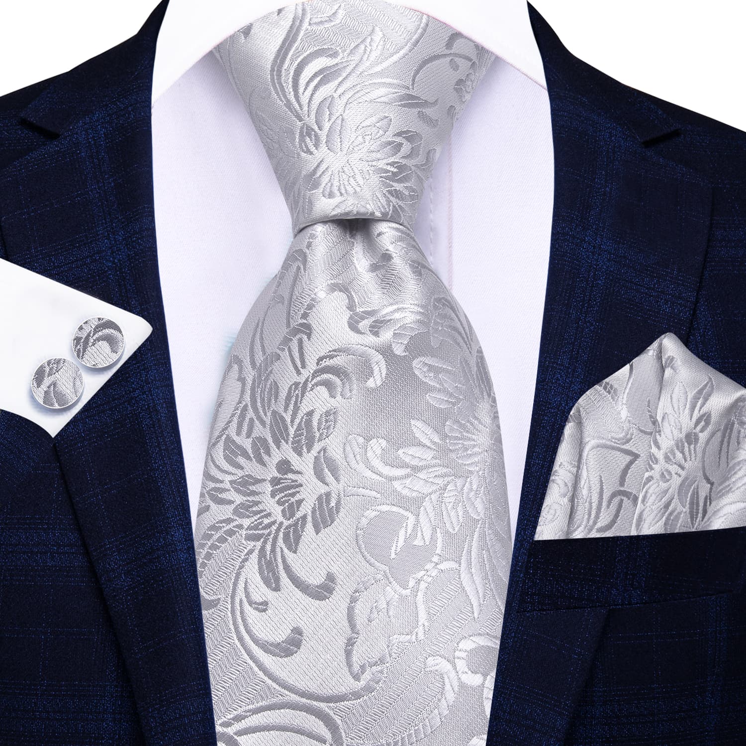  Floral Silver Grey Tie Jacquard Silk Necktie Set for Men