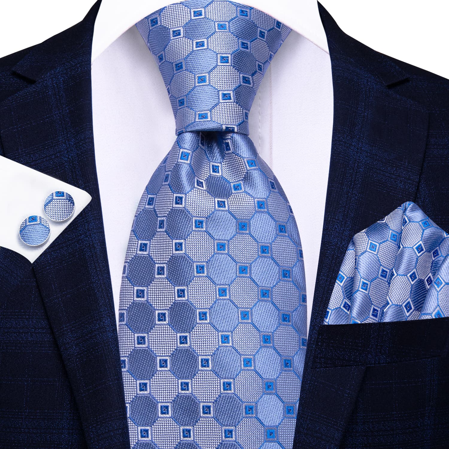 Silver light blue geomotric mens tie