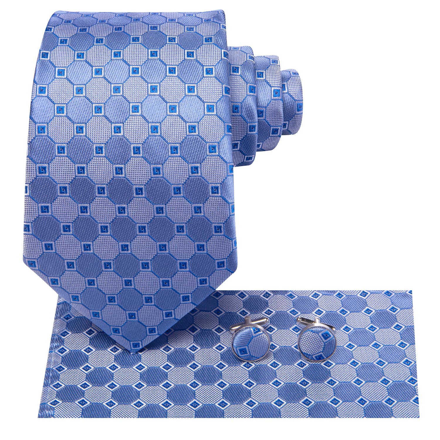 blue tie pocket square cufflins set