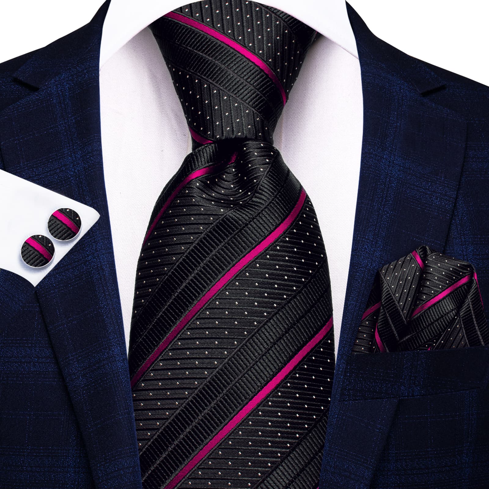 Hi-Tie Men's Black Tie Deep Pink Stripes Jacquard Silk Necktie Set