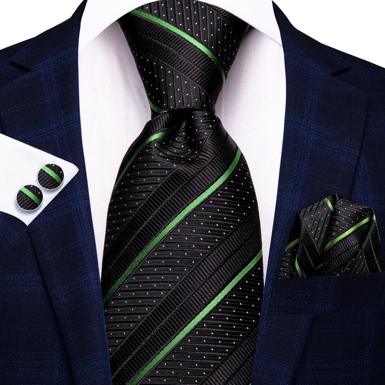 Black Tie Light Green Stripes White Dots Neck Tie Set for Men