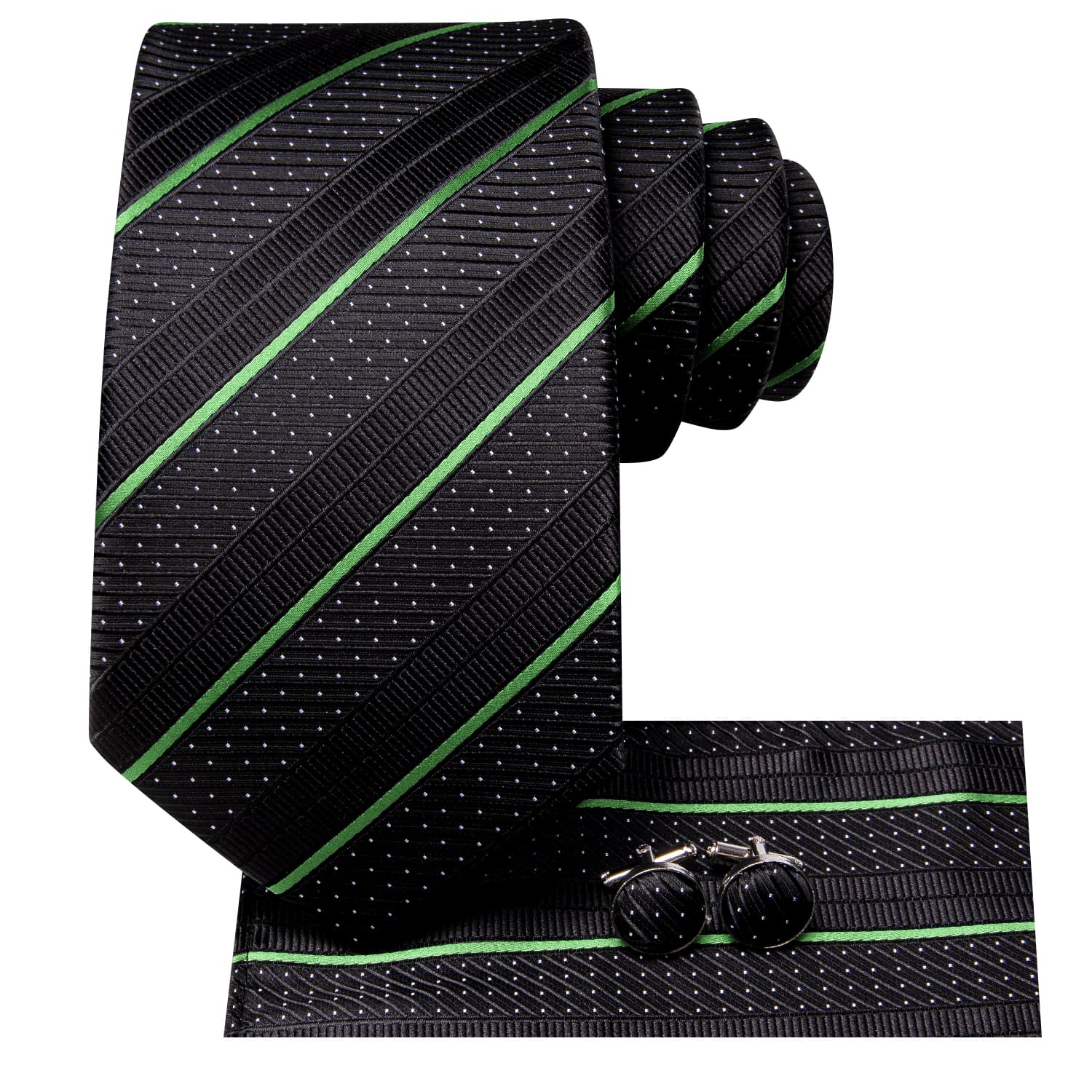 Black Tie Light Green Stripes White Dots Neck Tie Set for Men