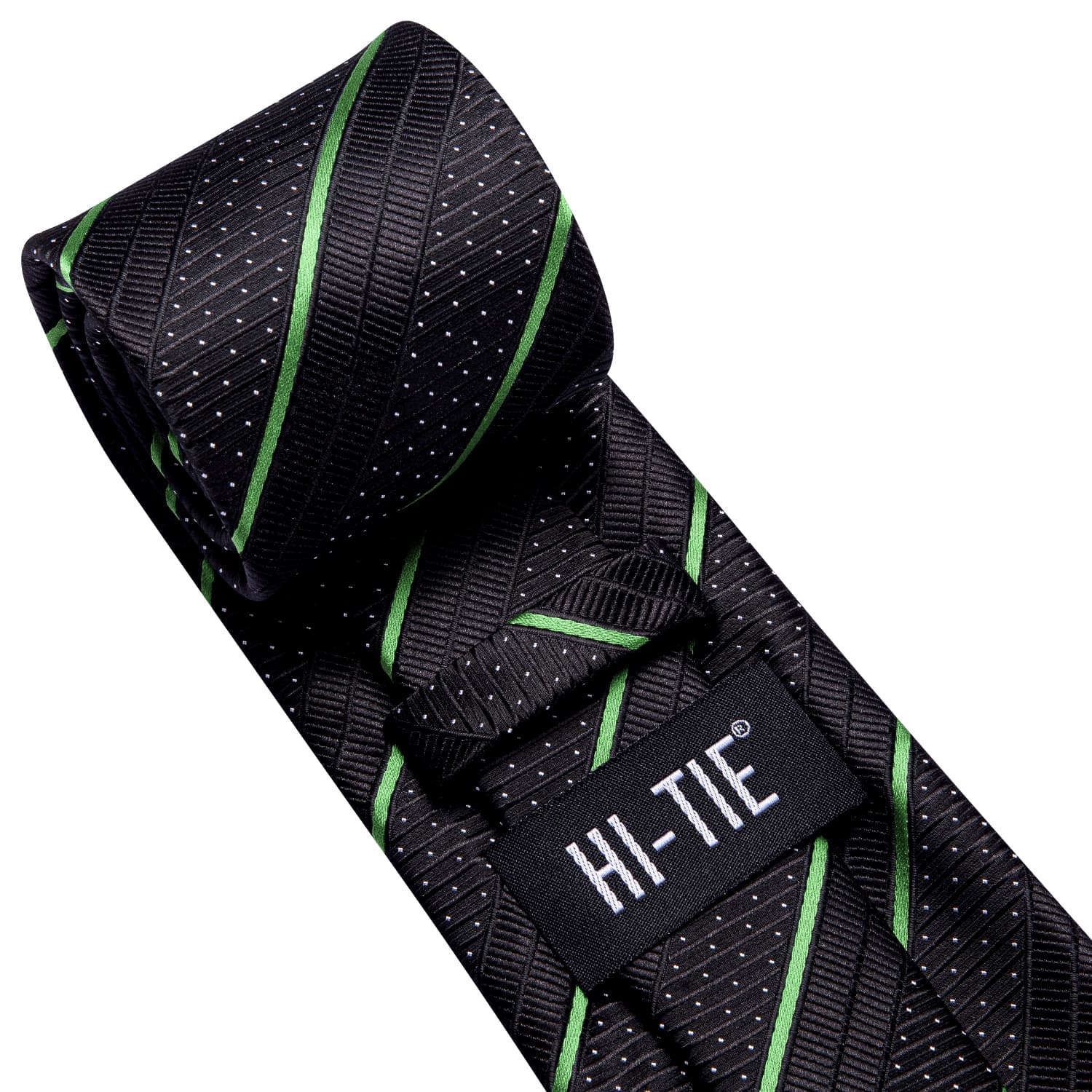Black Tie Light Green Stripes White Dots Neck Tie Set for Men