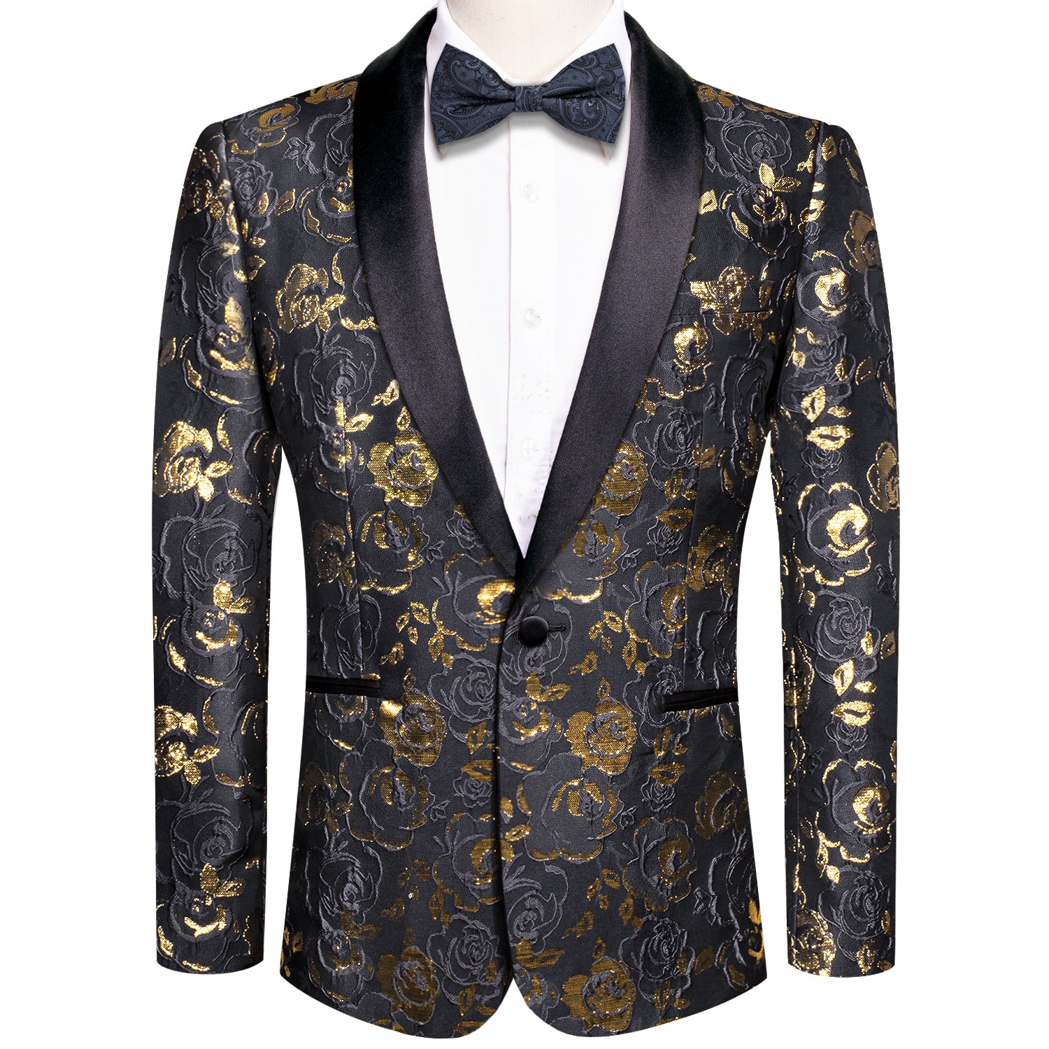 Barry Wang Suit Black blazer gold Floral men's suit