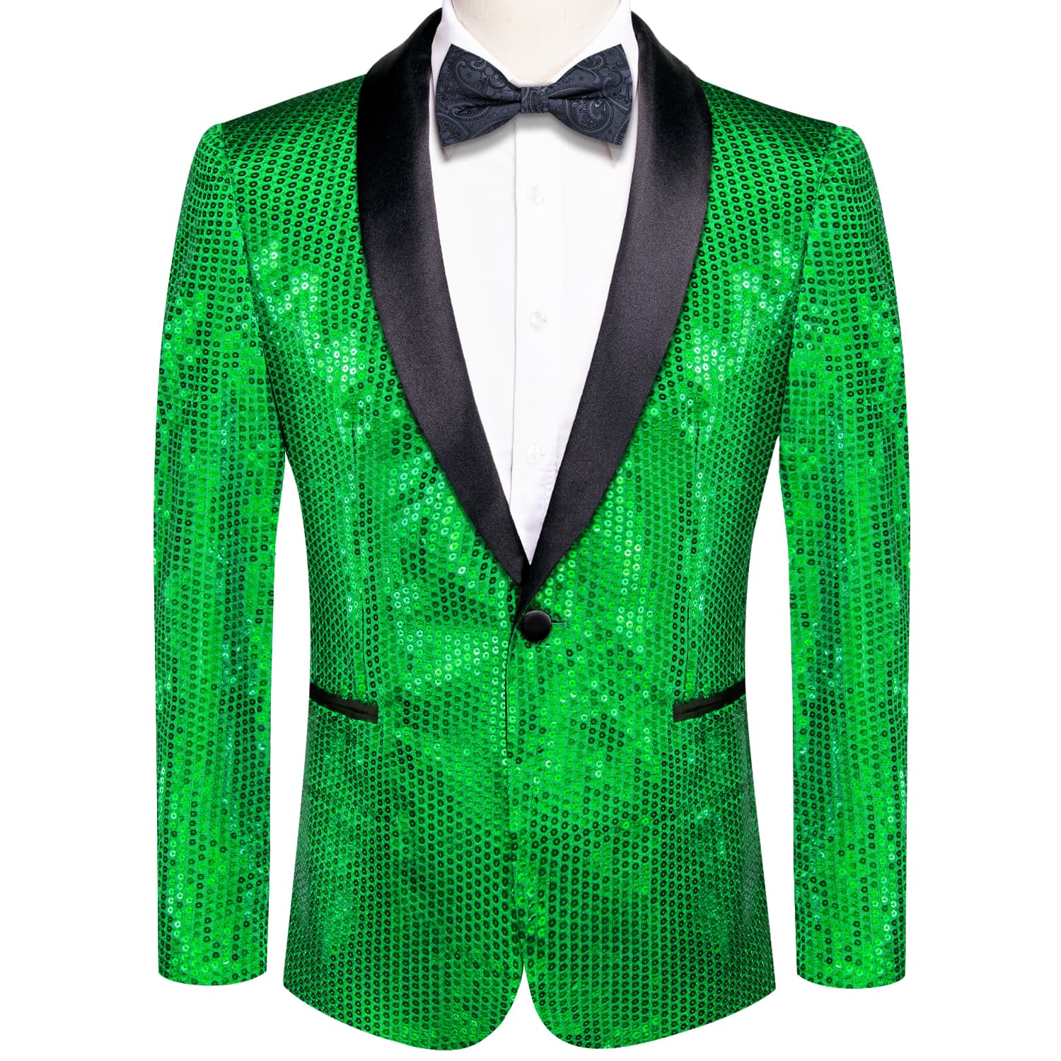 Hi-Tie Sequin Blazer Black Shawl Collar Green Solid Suit Bow Tie Set