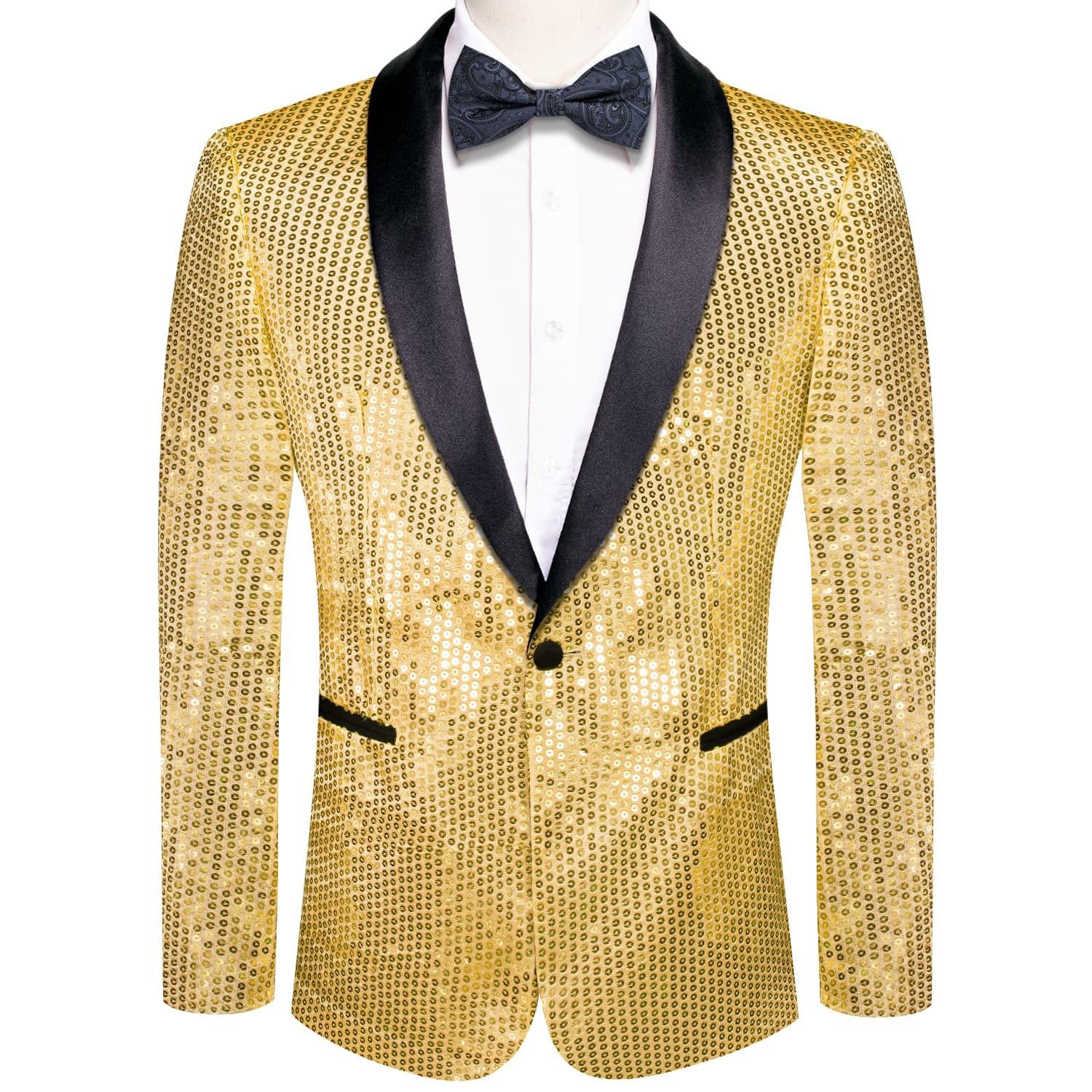 Hi-Tie Sequin Blazer Black Shawl Collar Gold Solid Suit Tie Set