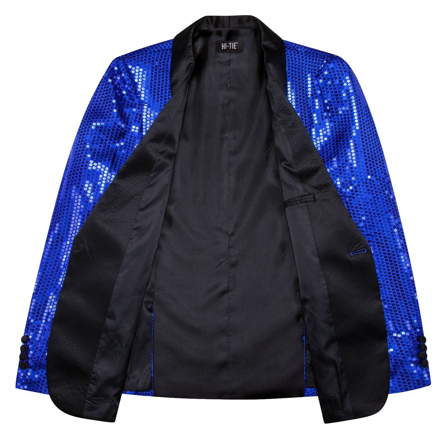 Sequin Blazer Black Shawl Collar Blue Solid Suit Tie Set