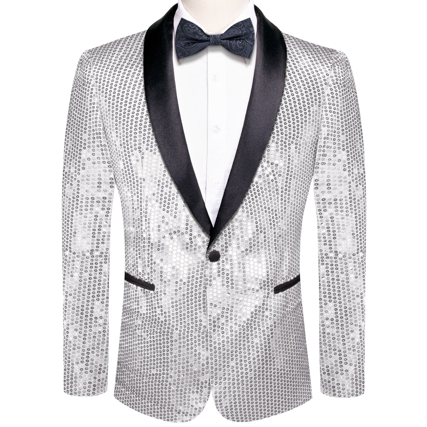 Sequin Blazer Black Shawl Collar Silver Solid Suit Tie Set