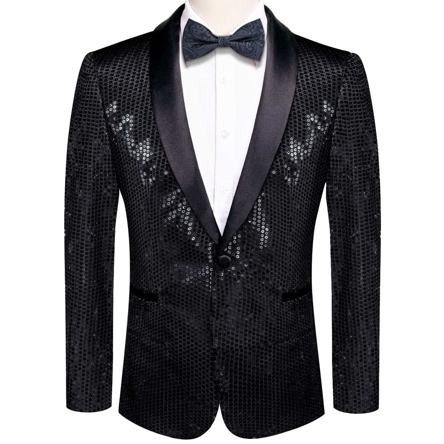Sequin Blazer Black Shawl Collar Black Solid Suit Tie Set