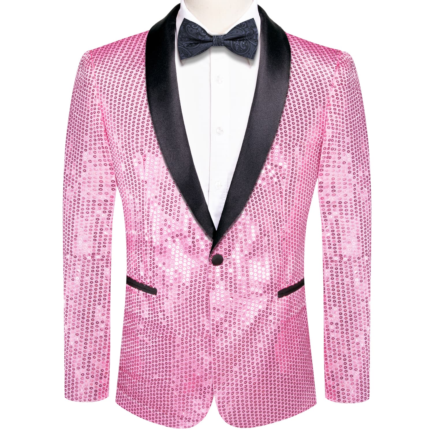 Sequin Blazer Black Shawl Collar Pink Solid Suit Tie Set for party