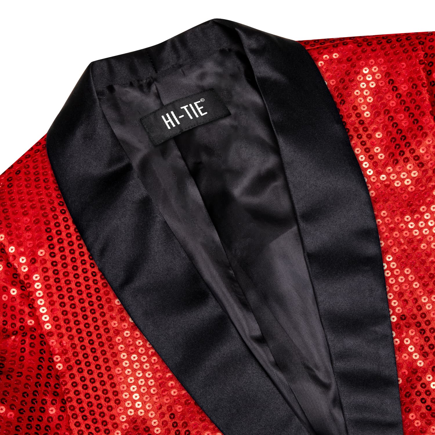 Hi-Tie Sequin Blazer Black Shawl Collar Red Solid Suit Tie Set