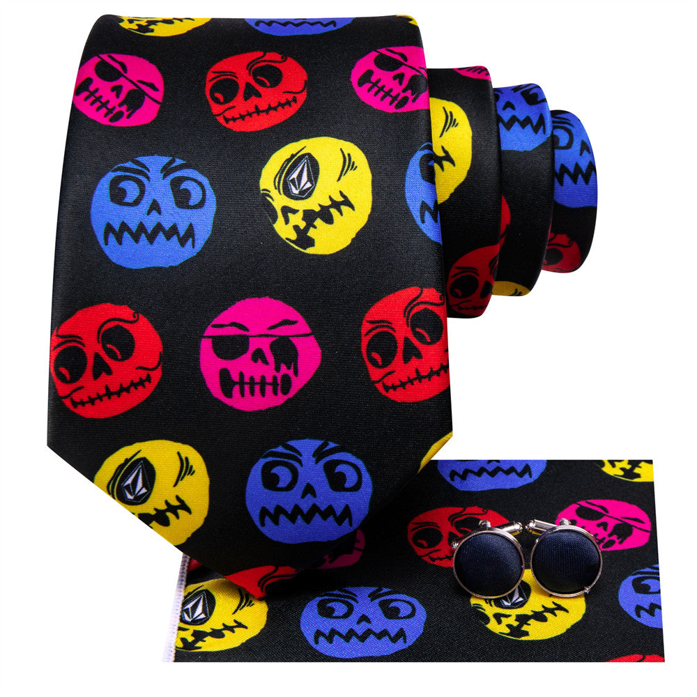 Hi-Tie Halloween Black Red Skull Necktie Pocket Square Cufflinks Set