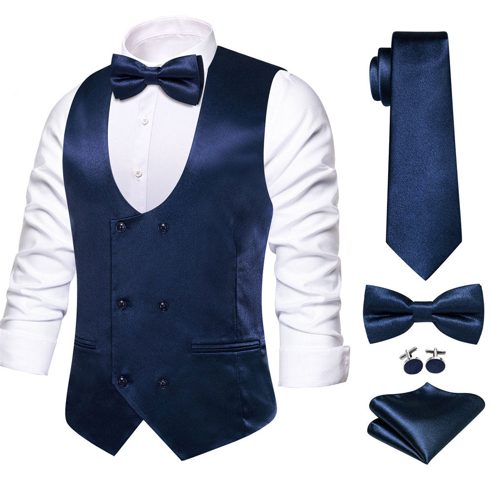 Hi-Tie Mens Blue Vest Double Breasted U-Neck Tuxedo Waistcoat Tie Set