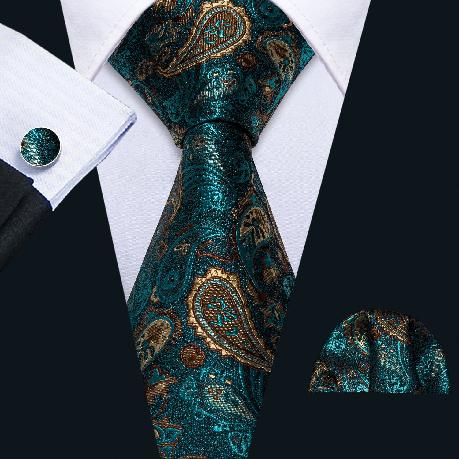 Hi-Tie Paisley Silk Tie Teal Green Sienna Necktie Pocket Square Cufflinks Set