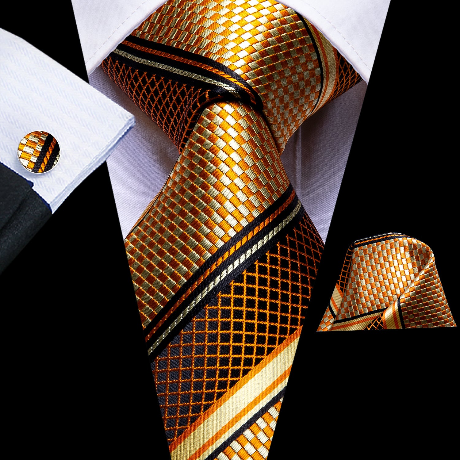 Men's Gold Plaid Striped Silk Tie Handkerchief Cufflinks Set