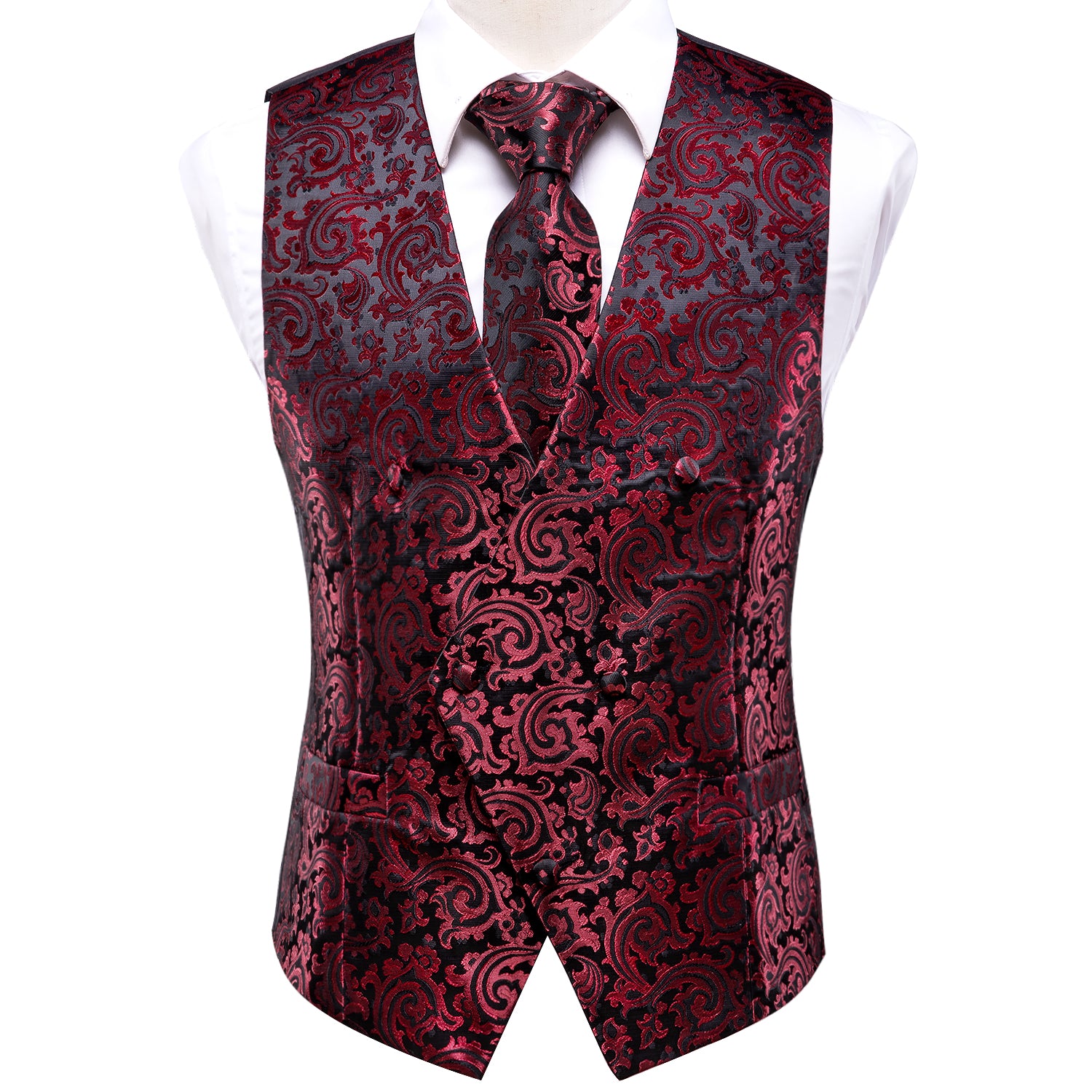 Red Black Paisley Silk Men's Vest Hanky Cufflinks Tie Set Waistcoat Suit Set