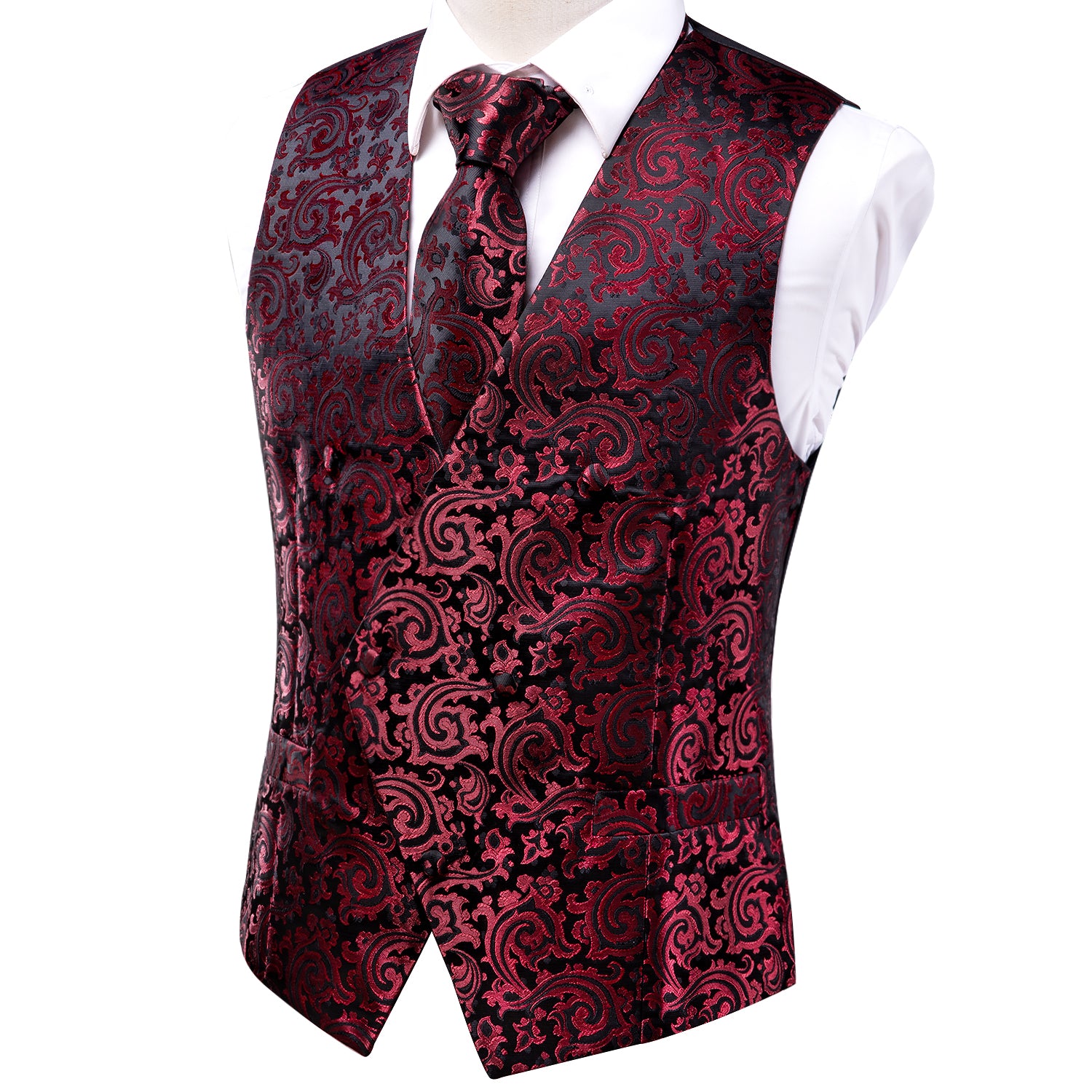 Red Black Paisley Silk Men's Vest Hanky Cufflinks Tie Set Waistcoat Suit Set