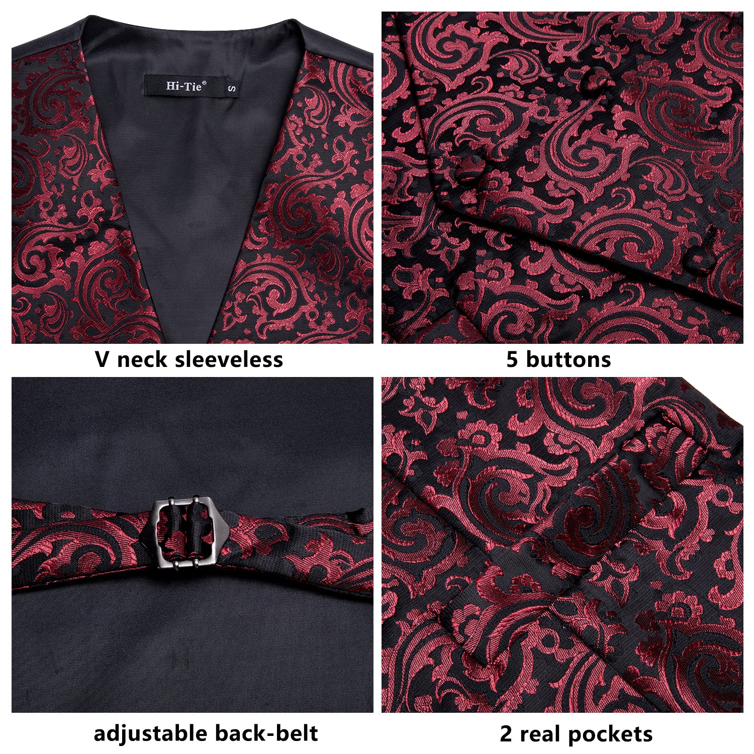 Red Black Paisley Silk Men's Vest Hanky Cufflinks Tie Set Waistcoat Suit Set