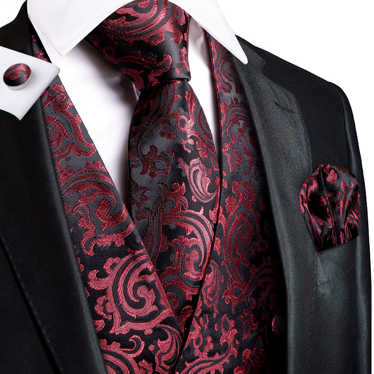Red Black Paisley Silk Men's Vest Hanky Cufflinks Tie Set Waistcoat Suit Set