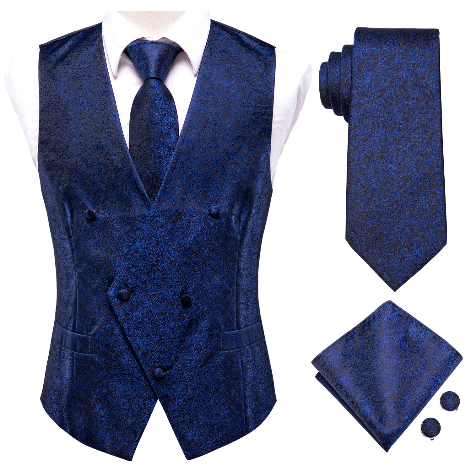 Navy Blue Floral Silk Men's Vest Hanky Cufflinks Tie Set Waistcoat Suit Set