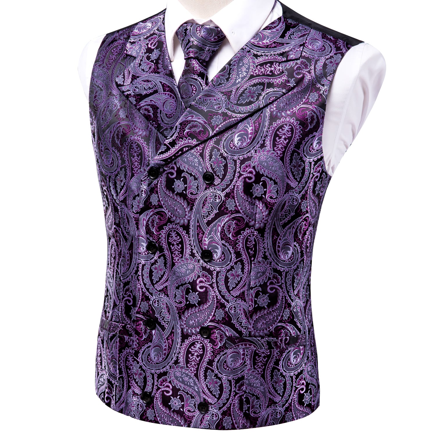 Purple Paisley Silk Men's Vest Hanky Cufflinks Tie Set Waistcoat Suit Set