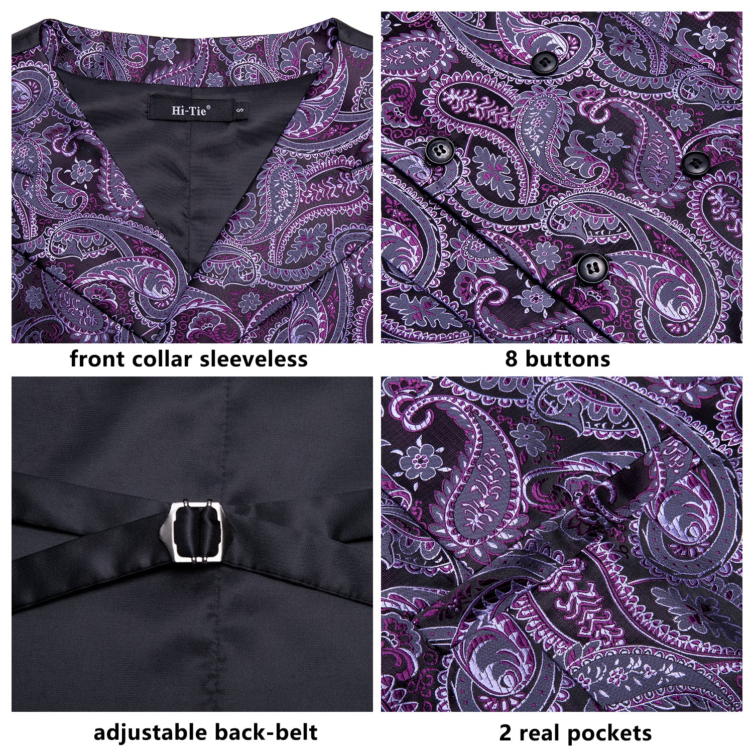 Purple Paisley Silk Men's Vest Hanky Cufflinks Tie Set Waistcoat Suit Set