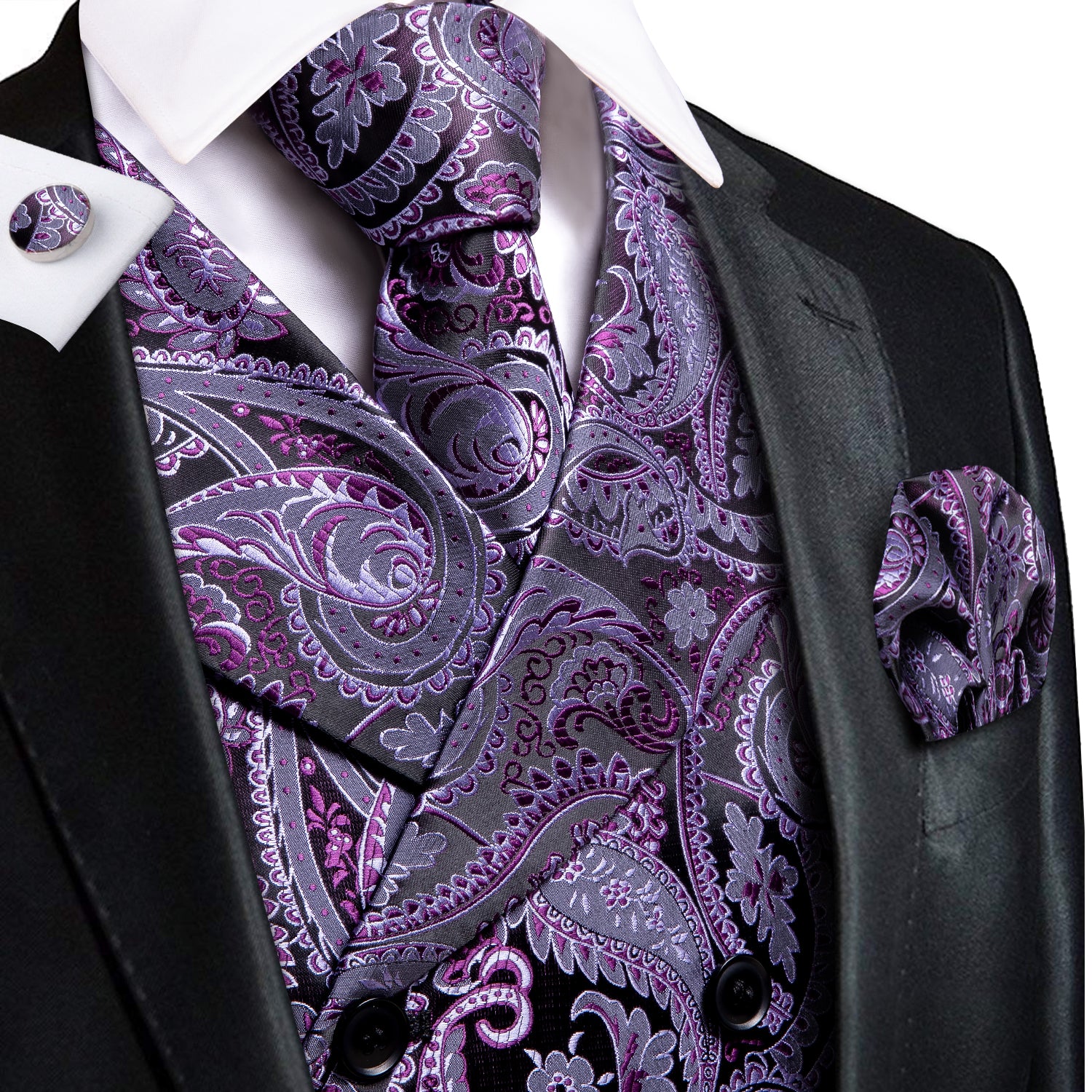 Notched lapel Black suit Purple paisley waistcoat