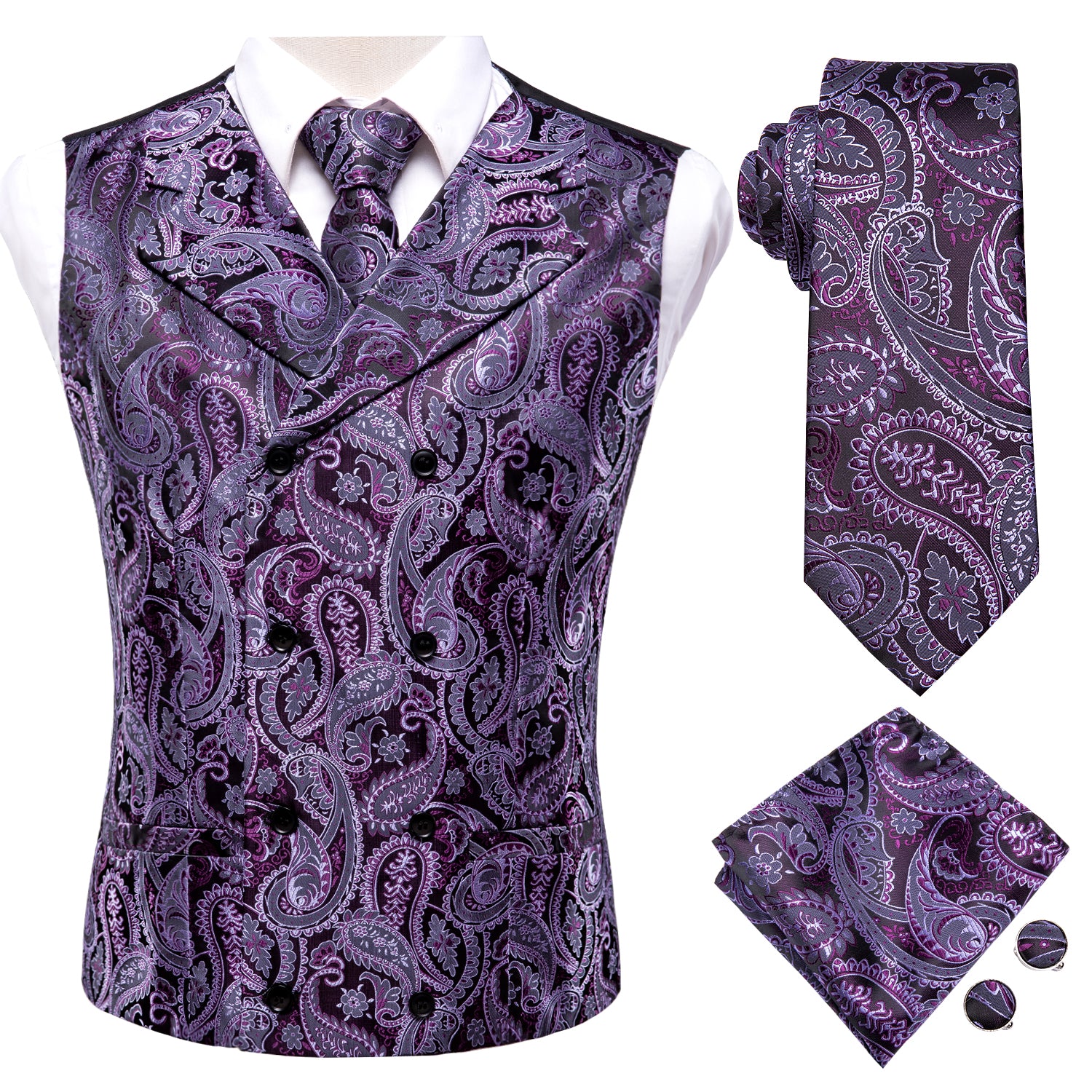 Dark Purple Paisley waistcoat .necktie ,handkerchirf ,cufflinks combo