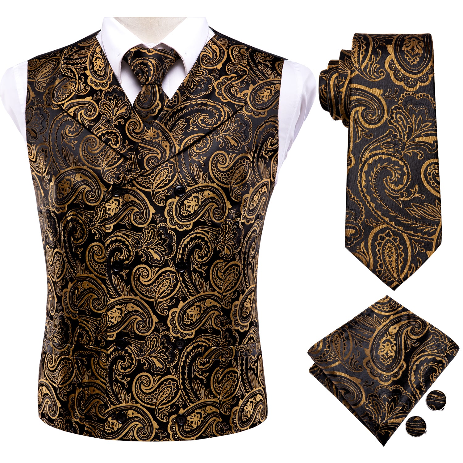 waistcoat necktie pocket square and cufflink in same pattern