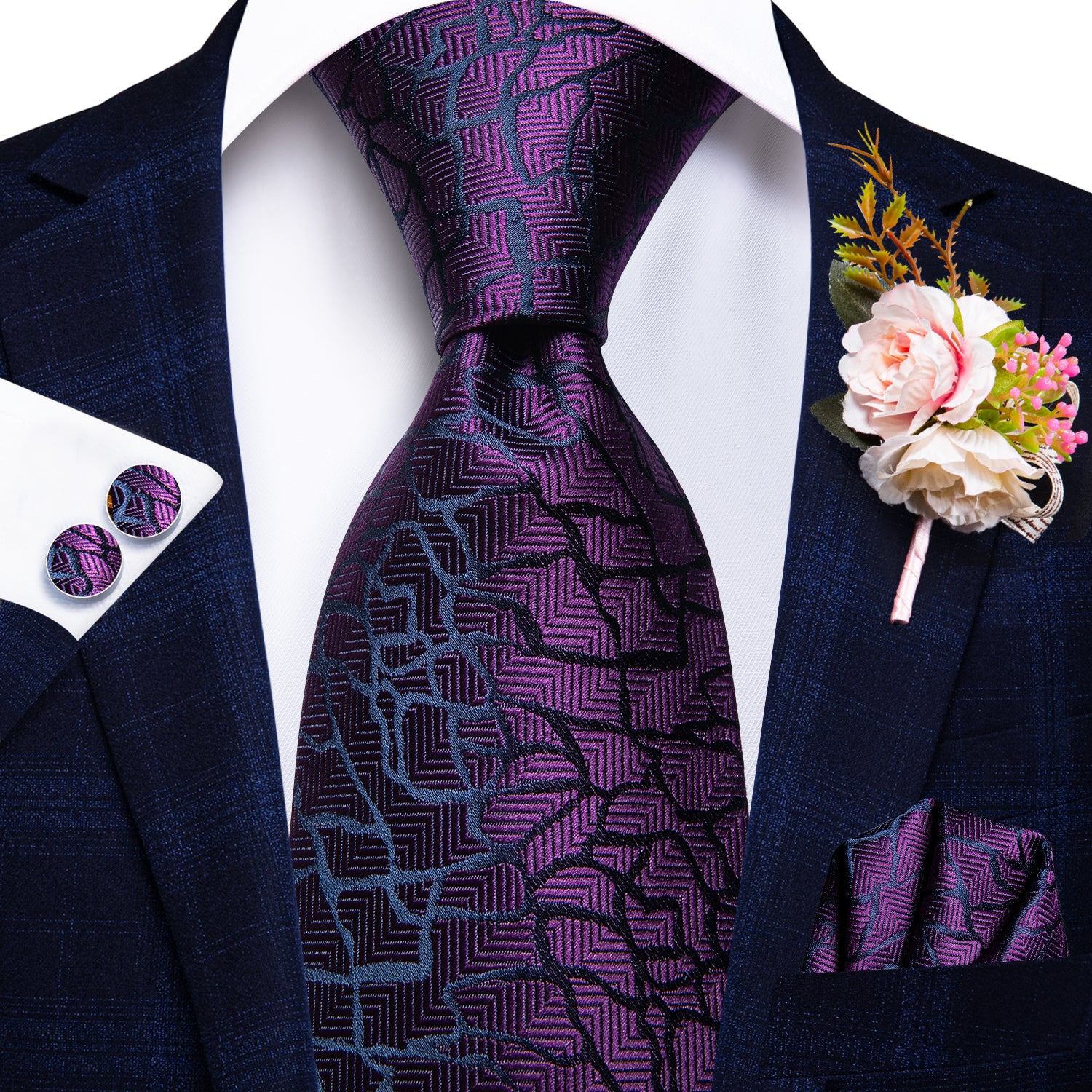Dark Purple Black Plaid Tie Handkerchief Cufflinks Set with Wedding Brooch