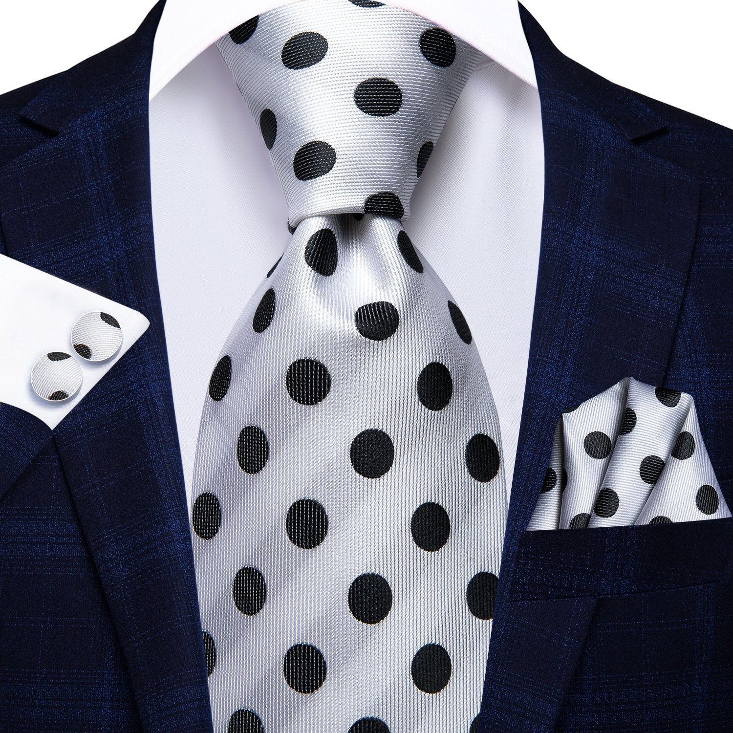 Black White Polka Dot Tie Handkerchief Cufflinks Set with Wedding Brooch