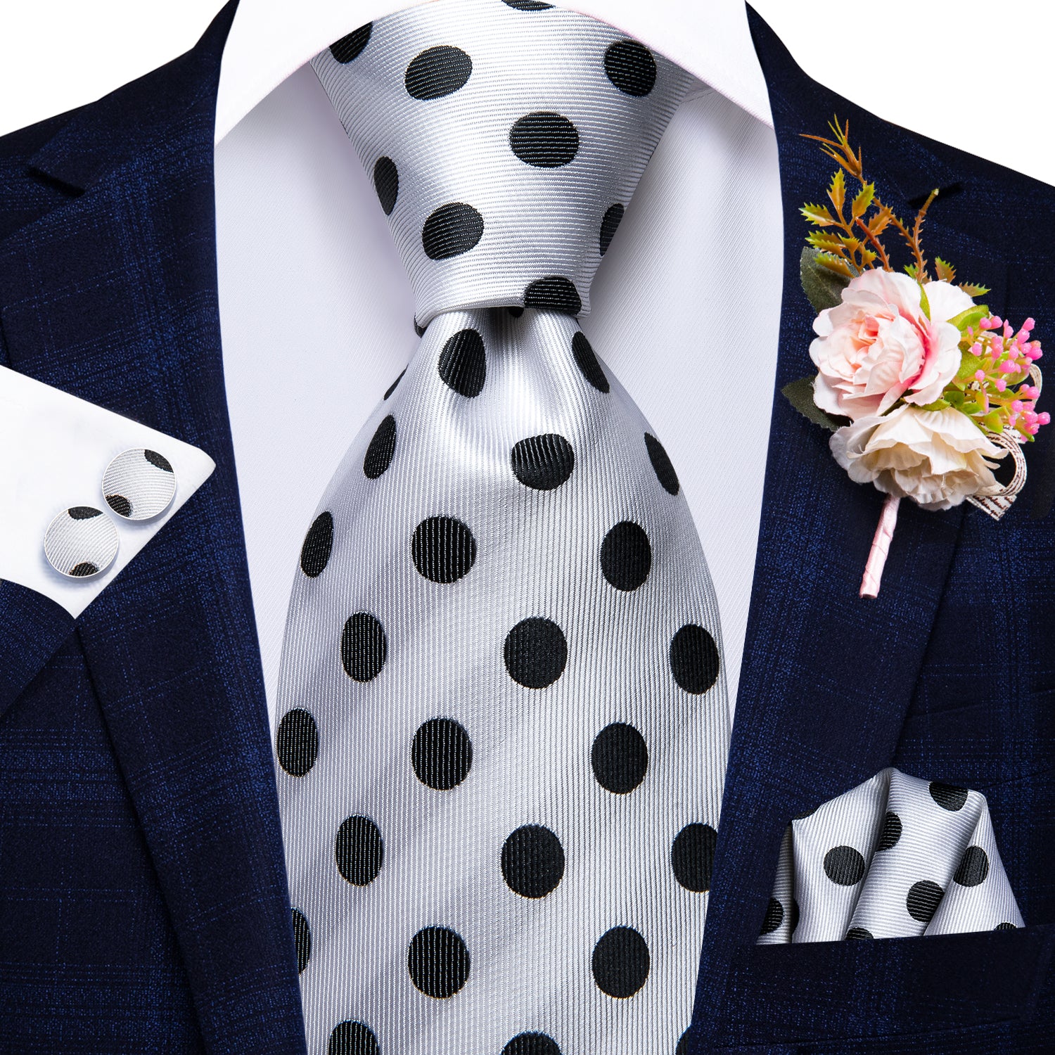Black White Polka Dot Tie Hanky Cufflinks Set Wedding Brooch